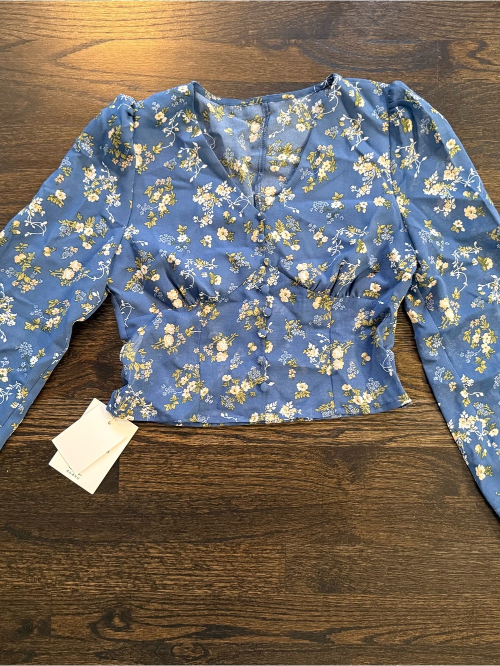 Blue Floral V-Neck Long Sleeve Crop Top
